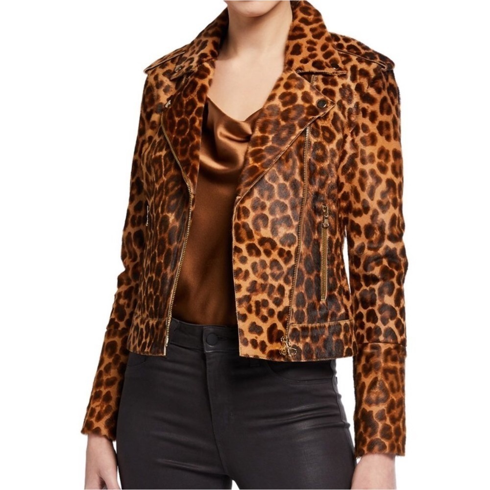 L'Agence Natural Leopard Print Leather Biker Moto Jacket Size XS NWT